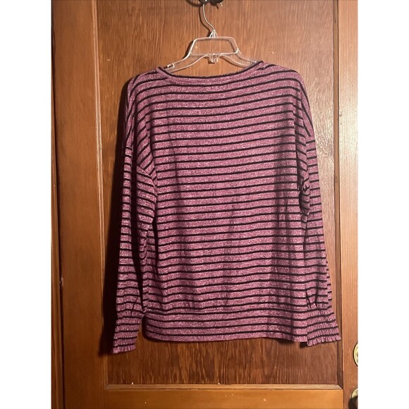 Lucky Brand Striped Long Sleeve Tee Size M Burgoundy Black Scoop Neck - Picture 6 of 6